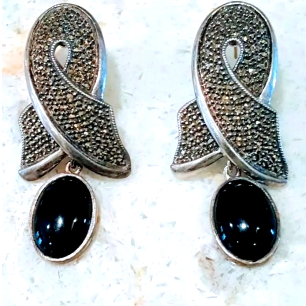 Judith Jack SS Black Onyx/Marcasite Earrings